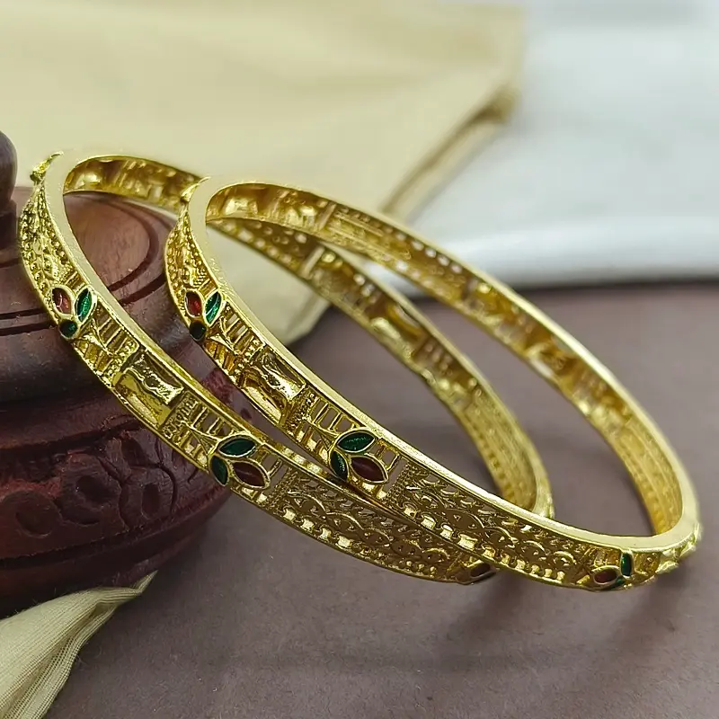Awesome Three Leaves Jalidar With Minakari Gold Plated Bangles Kadli - Image 2
