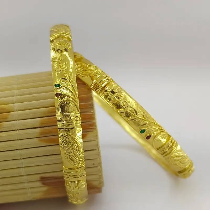 Beautiful Flower Doted Wave Gold Plated Minakari Leaves Bangles Kadli - Image 2