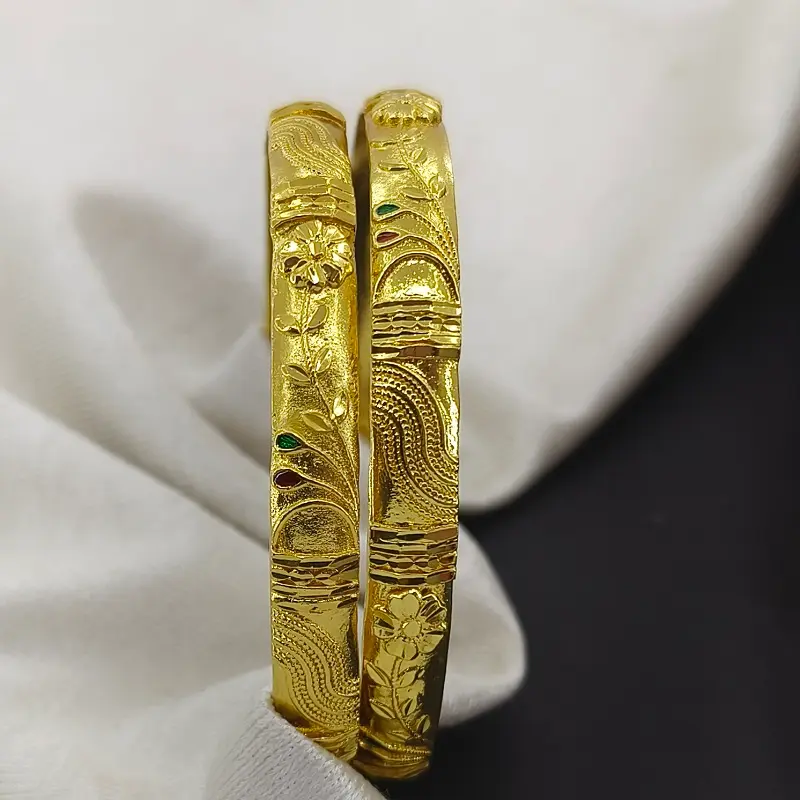 Beautiful Flower Doted Wave Gold Plated Minakari Leaves Bangles Kadli - Image 3