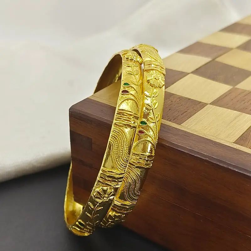 Beautiful Flower Doted Wave Gold Plated Minakari Leaves Bangles Kadli - Image 4