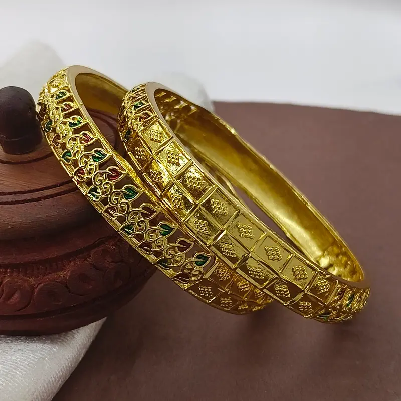 Beautiful Green & Red Leaves Doted Square Gold Plated Minakari Bangles Kadli - Image 3