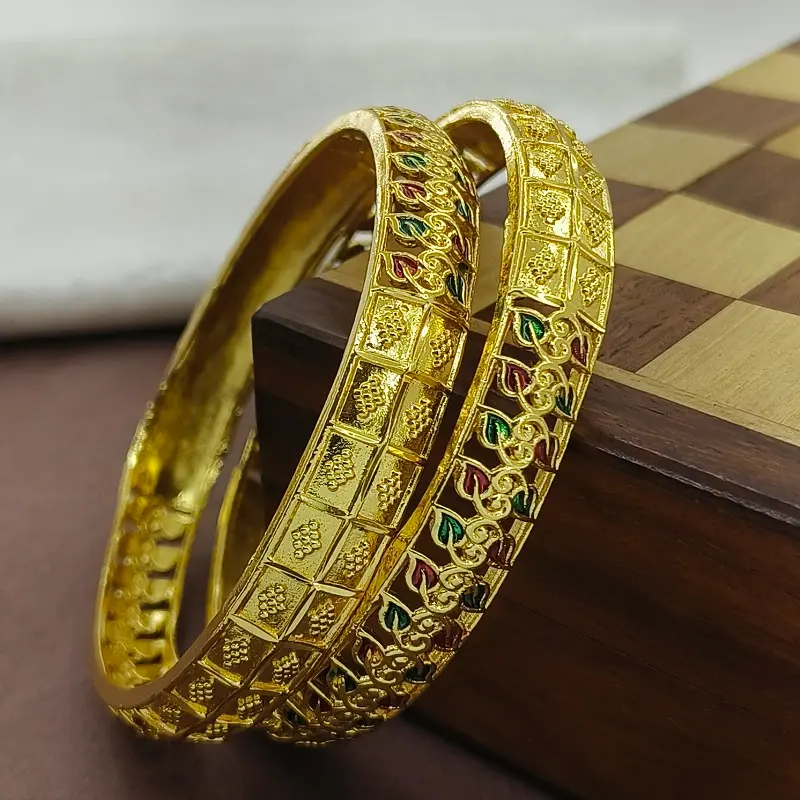 Beautiful Green & Red Leaves Doted Square Gold Plated Minakari Bangles Kadli - Image 4