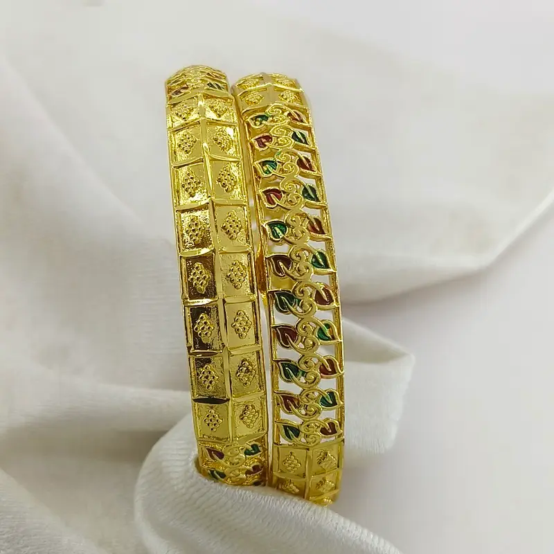 Beautiful Green & Red Leaves Doted Square Gold Plated Minakari Bangles Kadli - Image 2