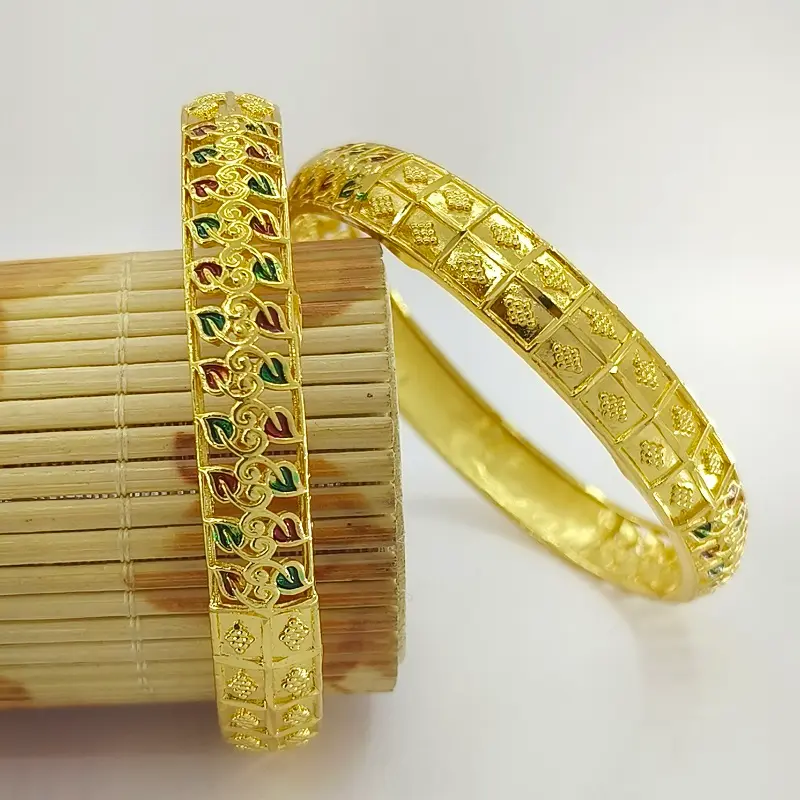 Beautiful Green & Red Leaves Doted Square Gold Plated Minakari Bangles Kadli - Image 6