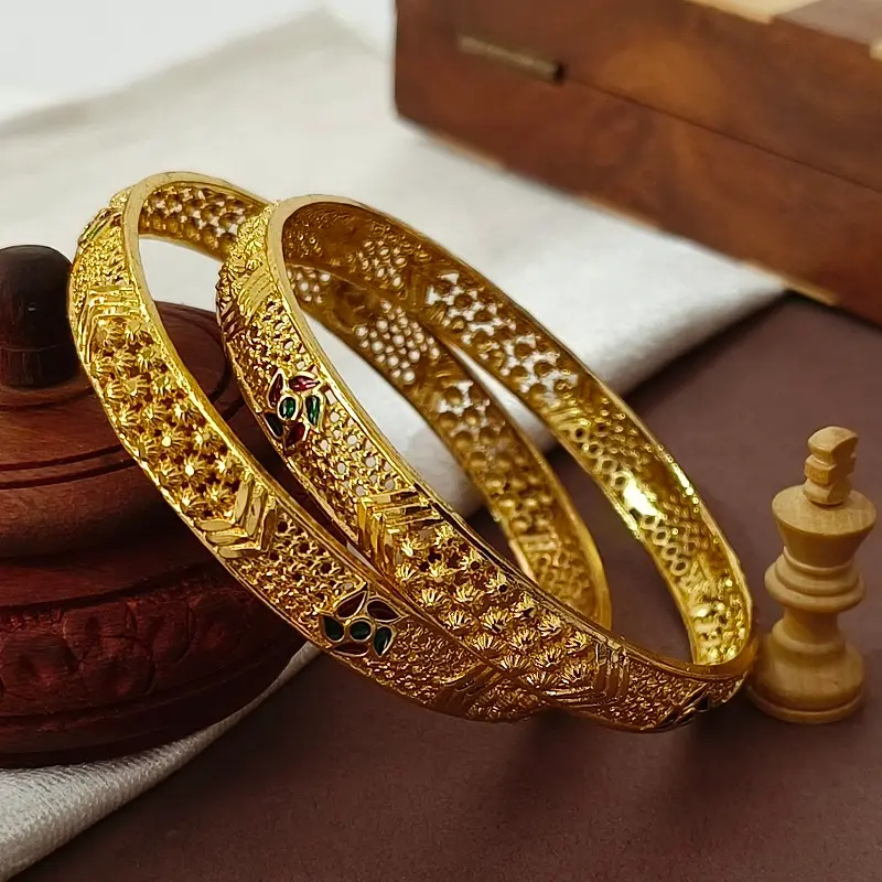 Designable Flower Doted Round & Arrows Gold Plated Bangles Kadli - Image 4