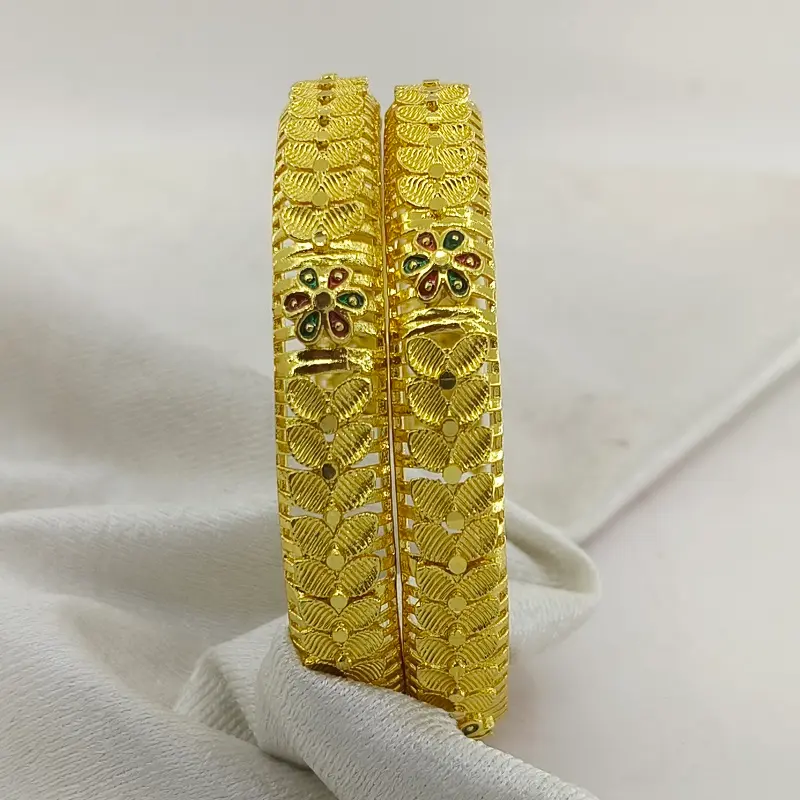 Designable Flower Double Leaves Gold Plated Minakari Bangles Kadli