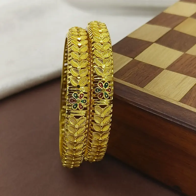 Designable Flower Double Leaves Gold Plated Minakari Bangles Kadli - Image 6