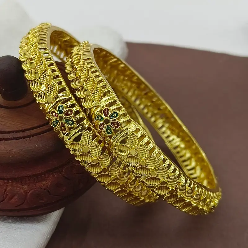 Designable Flower Double Leaves Gold Plated Minakari Bangles Kadli - Image 4
