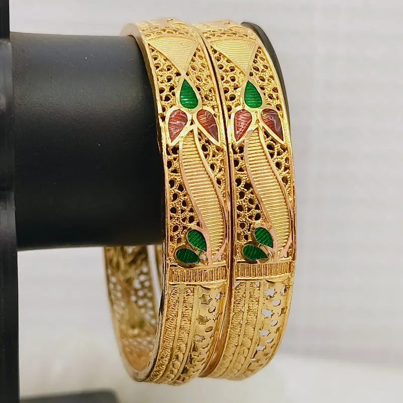 Designable Stars & Leaves Jalidar Wave Design Gold Plated Minakari Bangles Kadli - Image 6