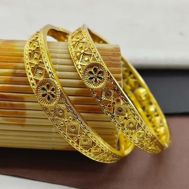 Elegant Flower Doted Squares Gold Plated With Minakari Bangles Kadli - Image 6