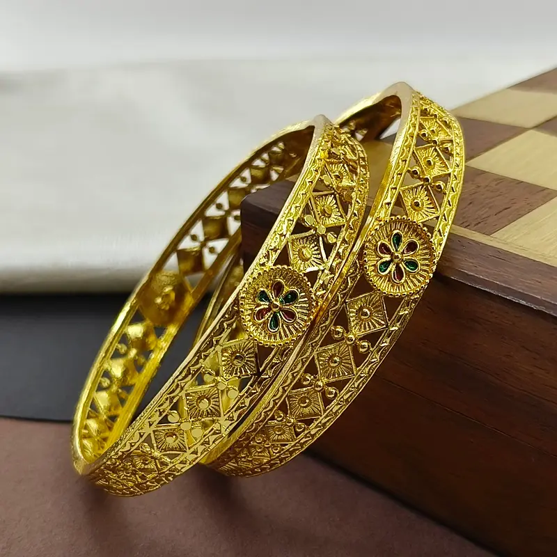 Elegant Flower Doted Squares Gold Plated With Minakari Bangles Kadli - Image 5