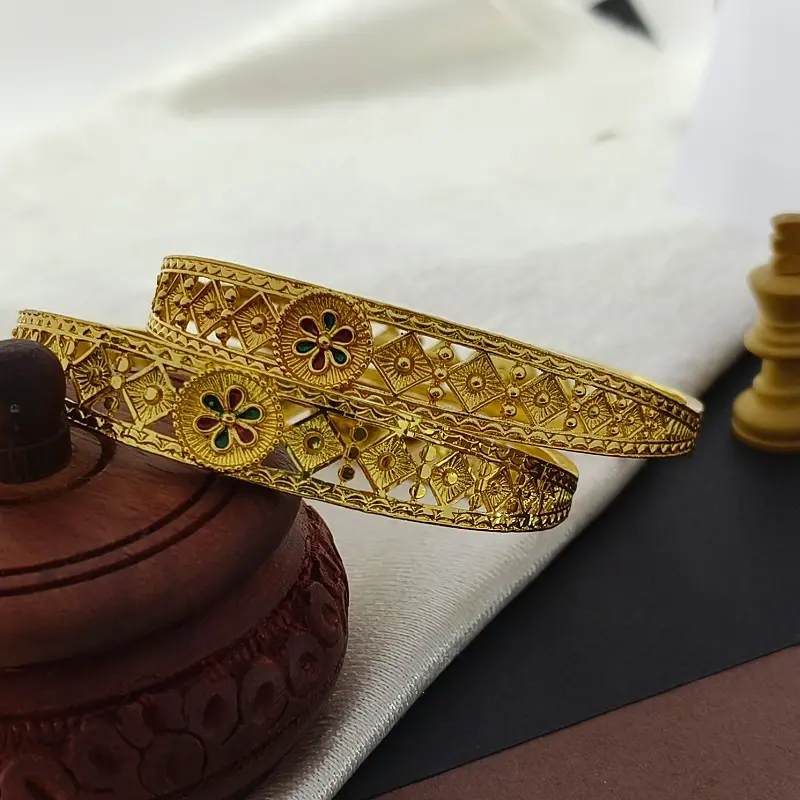 Elegant Flower Doted Squares Gold Plated With Minakari Bangles Kadli - Image 3