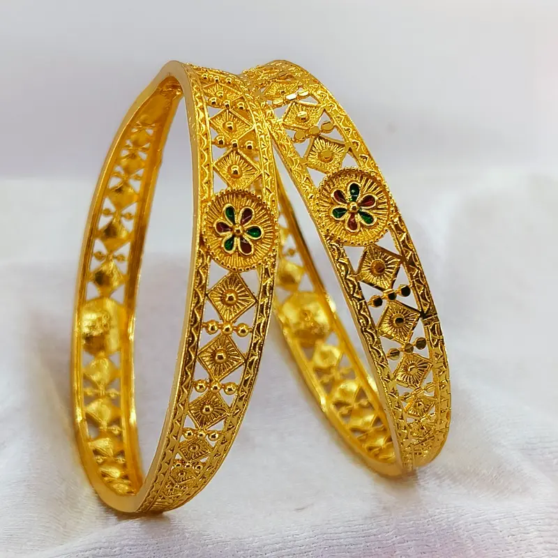 Elegant Flower Doted Squares Gold Plated With Minakari Bangles Kadli - Image 4