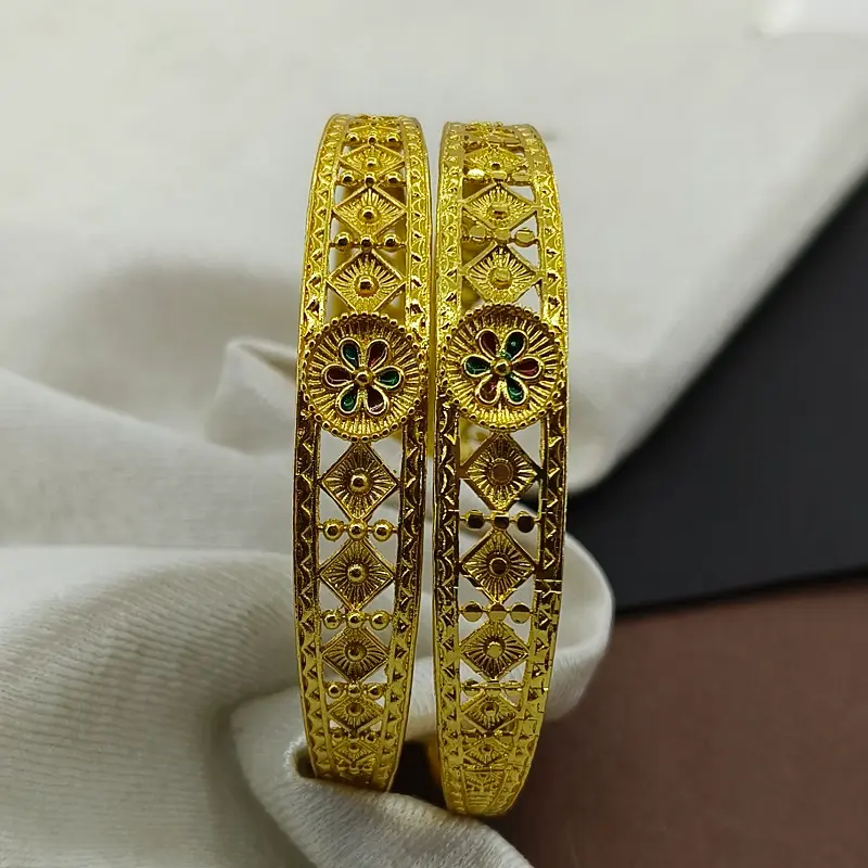 Elegant Flower Doted Squares Gold Plated With Minakari Bangles Kadli - Image 2