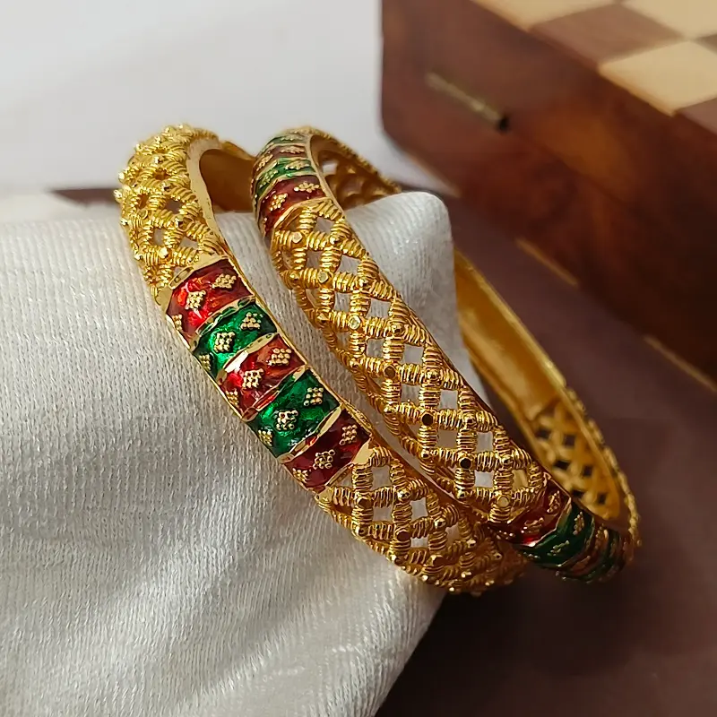 Awesome Jalidar Three Diamond Shape Meenakari Gold Plated Bangles Kadli - Image 3