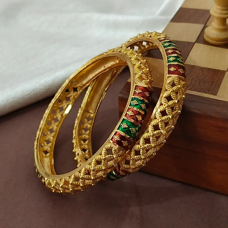 Awesome Jalidar Three Diamond Shape Meenakari Gold Plated Bangles Kadli - Image 4