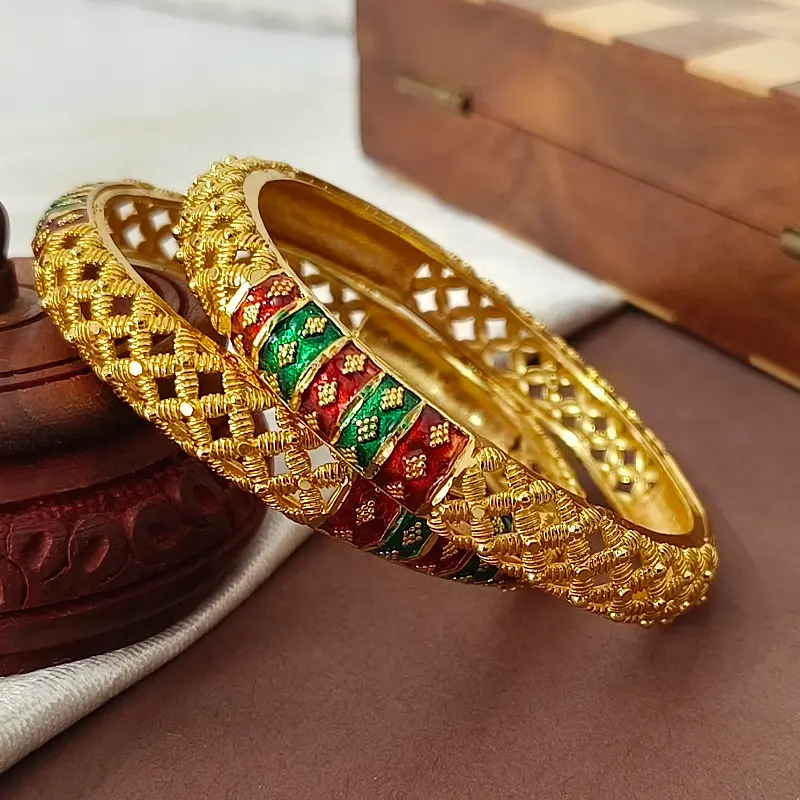Awesome Jalidar Three Diamond Shape Meenakari Gold Plated Bangles Kadli - Image 6