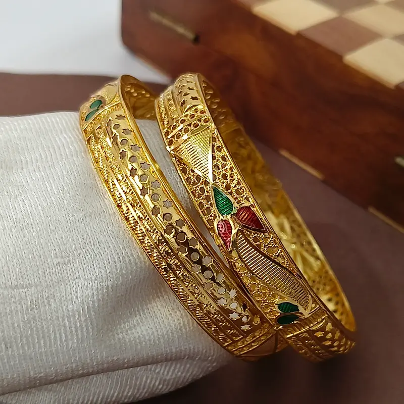 Designable Stars & Leaves Jalidar Wave Design Gold Plated Minakari Bangles Kadli - Image 3