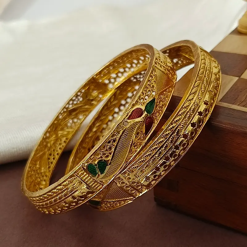 Designable Stars & Leaves Jalidar Wave Design Gold Plated Minakari Bangles Kadli - Image 2