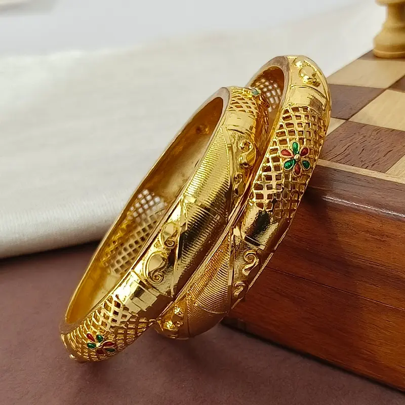Attractive Two Carry Design Jalidar Flower Gold Plated Minakari Bangles Kadli - Image 3