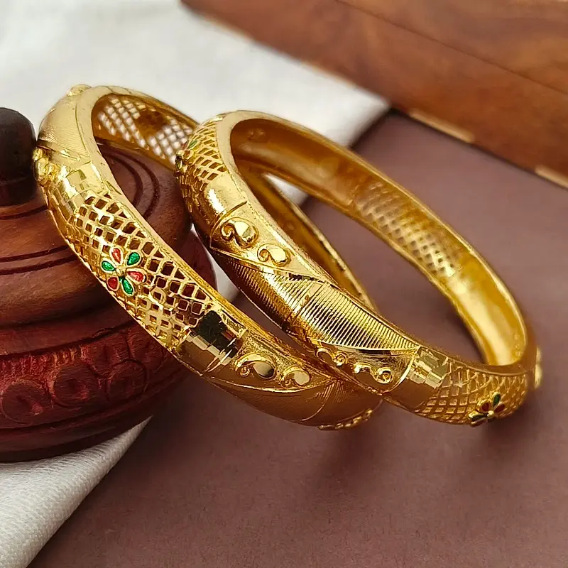 Attractive Two Carry Design Jalidar Flower Gold Plated Minakari Bangles Kadli - Image 2
