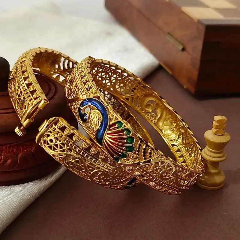 Beautiful Peacock Jalidar Style Gold Plated Minakari Bangles Kadli - Image 5