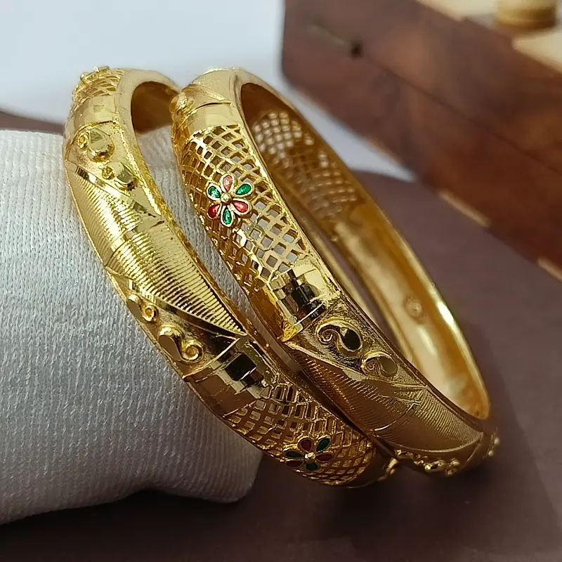 Attractive Two Carry Design Jalidar Flower Gold Plated Minakari Bangles Kadli - Image 5