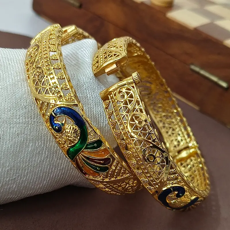 Beautiful Peacock Jalidar Style Gold Plated Minakari Bangles Kadli - Image 4