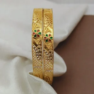 Elegant Flower Vale Four Round Jalidar Gold Plated Minakari Bangles Kadli