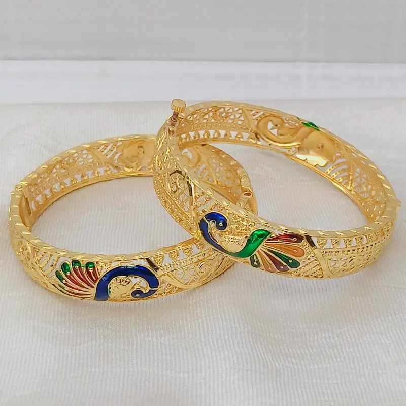 Beautiful Peacock Jalidar Style Gold Plated Minakari Bangles Kadli - Image 3