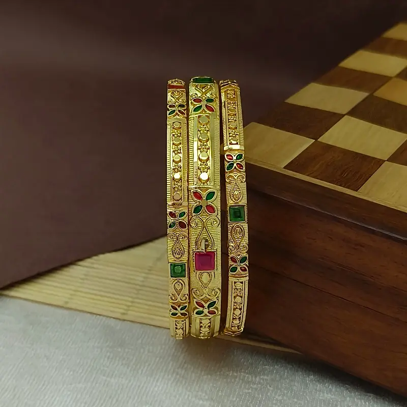 Attractive Valley Four Leaves Flower Design With Square American Diamond Gold Plated Minakari Chudo Bangles - Image 2