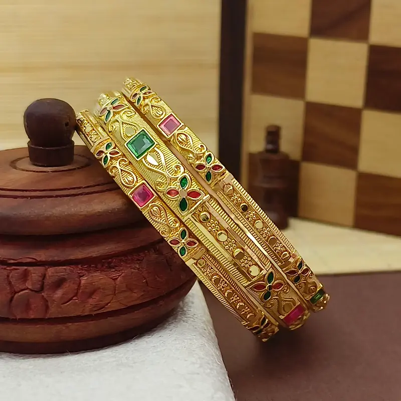 Attractive Valley Four Leaves Flower Design With Square American Diamond Gold Plated Minakari Chudo Bangles - Image 4