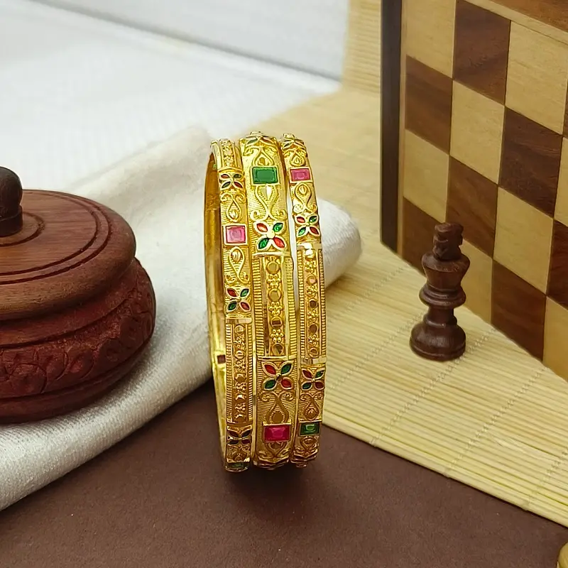 Attractive Valley Four Leaves Flower Design With Square American Diamond Gold Plated Minakari Chudo Bangles - Image 6