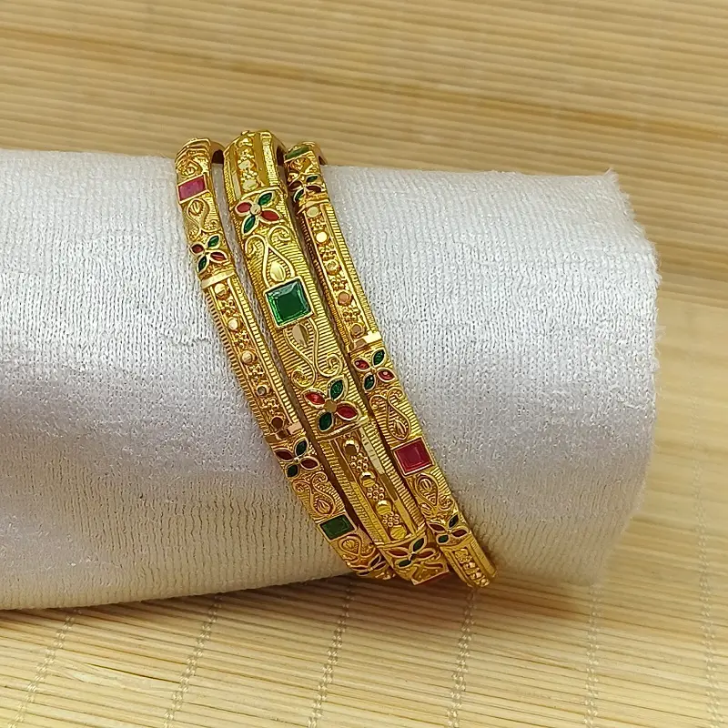 Attractive Valley Four Leaves Flower Design With Square American Diamond Gold Plated Minakari Chudo Bangles - Image 5