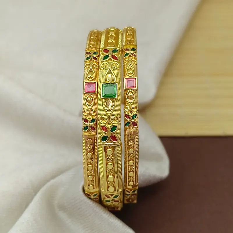 Attractive Valley Four Leaves Flower Design With Square American Diamond Gold Plated Minakari Chudo Bangles - Image 7
