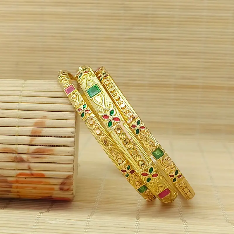 Attractive Valley Four Leaves Flower Design With Square American Diamond Gold Plated Minakari Chudo Bangles - Image 3